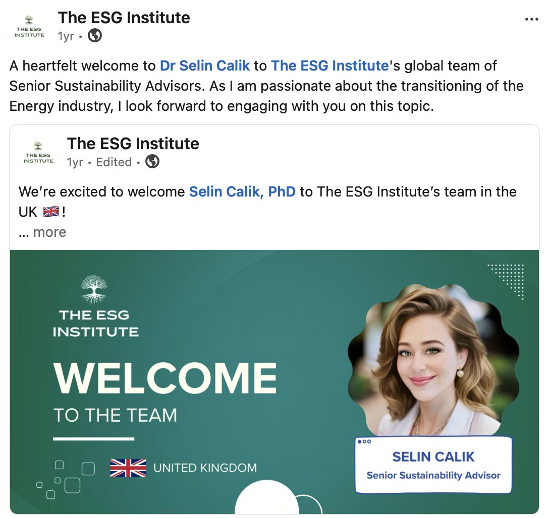 Dr Elif Selin Calik’s appointment to The ESG Institute as Senior Sustainability Advisor